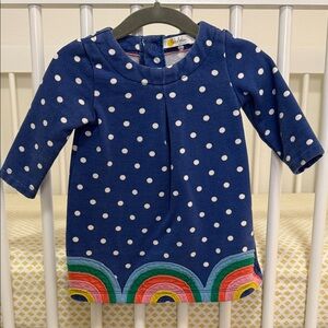Baby Boden Blue Polka Dot Dress with Rainbow Hem
